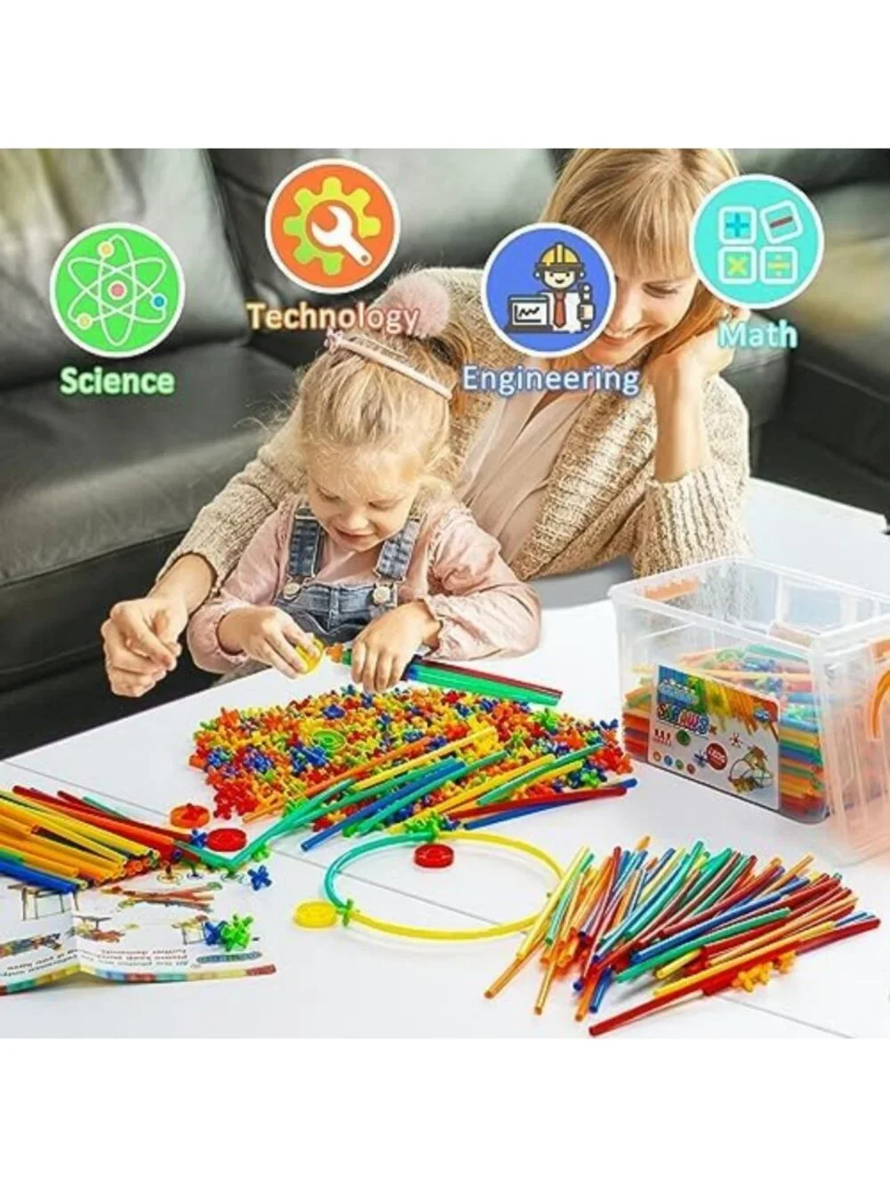 STEM Building Toys 1200pcs - Interlocking Plastic Straw Constructor Set for Kids